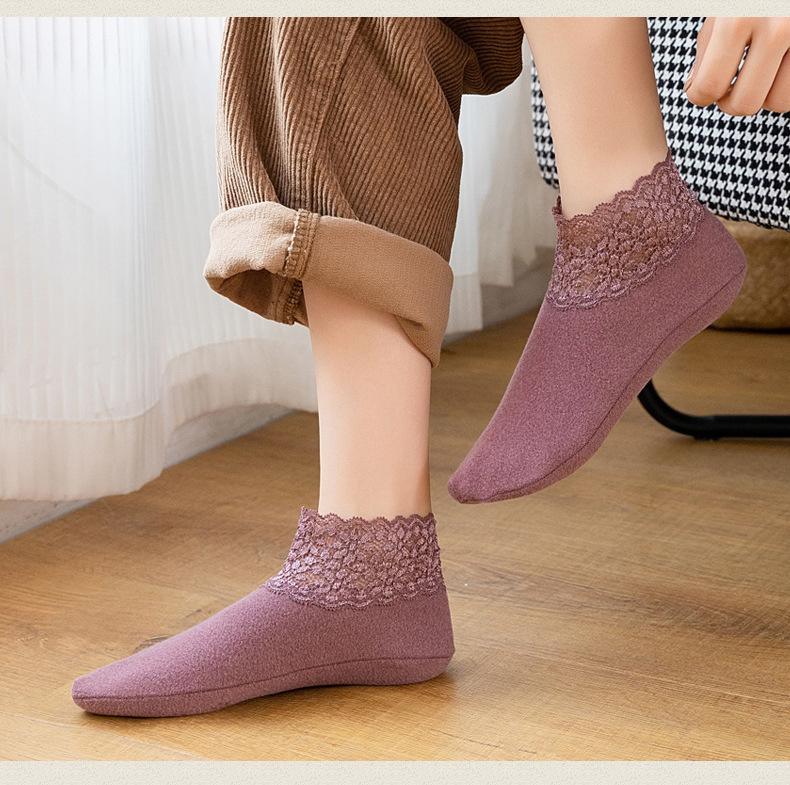 1 pair of women's stockings, super soft lace edge, non-slip, super elastic, skin-friendly, warm, plain color, skin color socks, thick soles, floor socks, household items