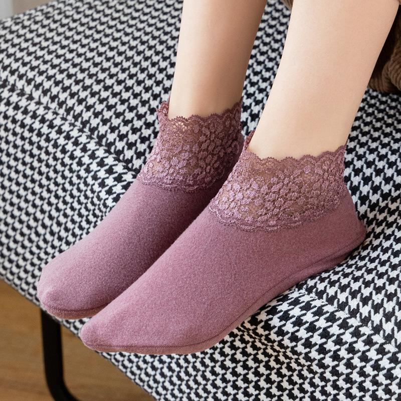 1 pair of women's stockings, super soft lace edge, non-slip, super elastic, skin-friendly, warm, plain color, skin color socks, thick soles, floor socks, household items
