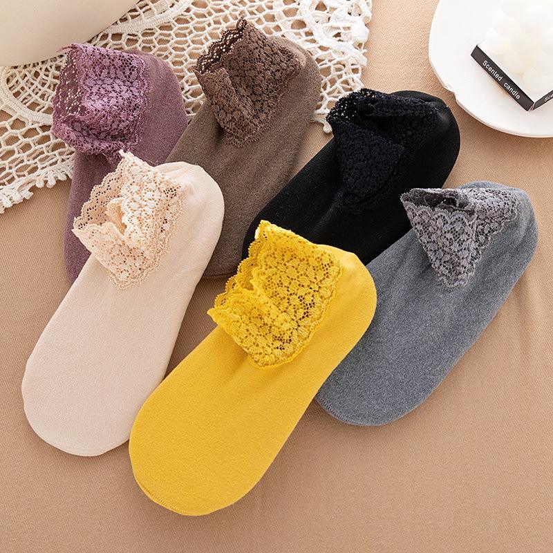 1 pair of women's stockings, super soft lace edge, non-slip, super elastic, skin-friendly, warm, plain color, skin color socks, thick soles, floor socks, household items