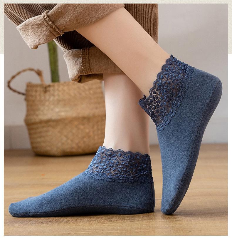 1 pair of women's stockings, super soft lace edge, non-slip, super elastic, skin-friendly, warm, plain color, skin color socks, thick soles, floor socks, household items