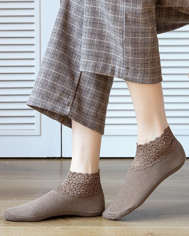 1 pair of women's stockings, super soft lace edge, non-slip, super elastic, skin-friendly, warm, plain color, skin color socks, thick soles, floor socks, household items