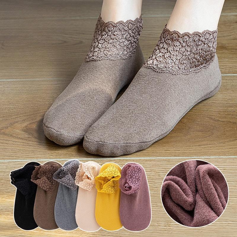 1 pair of women's stockings, super soft lace edge, non-slip, super elastic, skin-friendly, warm, plain color, skin color socks, thick soles, floor socks, household items