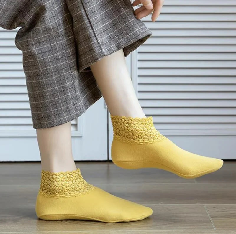 1 pair of women's stockings, super soft lace edge, non-slip, super elastic, skin-friendly, warm, plain color, skin color socks, thick soles, floor socks, household items