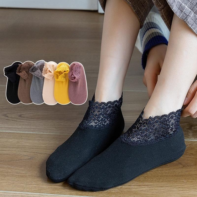 1 pair of women's stockings, super soft lace edge, non-slip, super elastic, skin-friendly, warm, plain color, skin color socks, thick soles, floor socks, household items